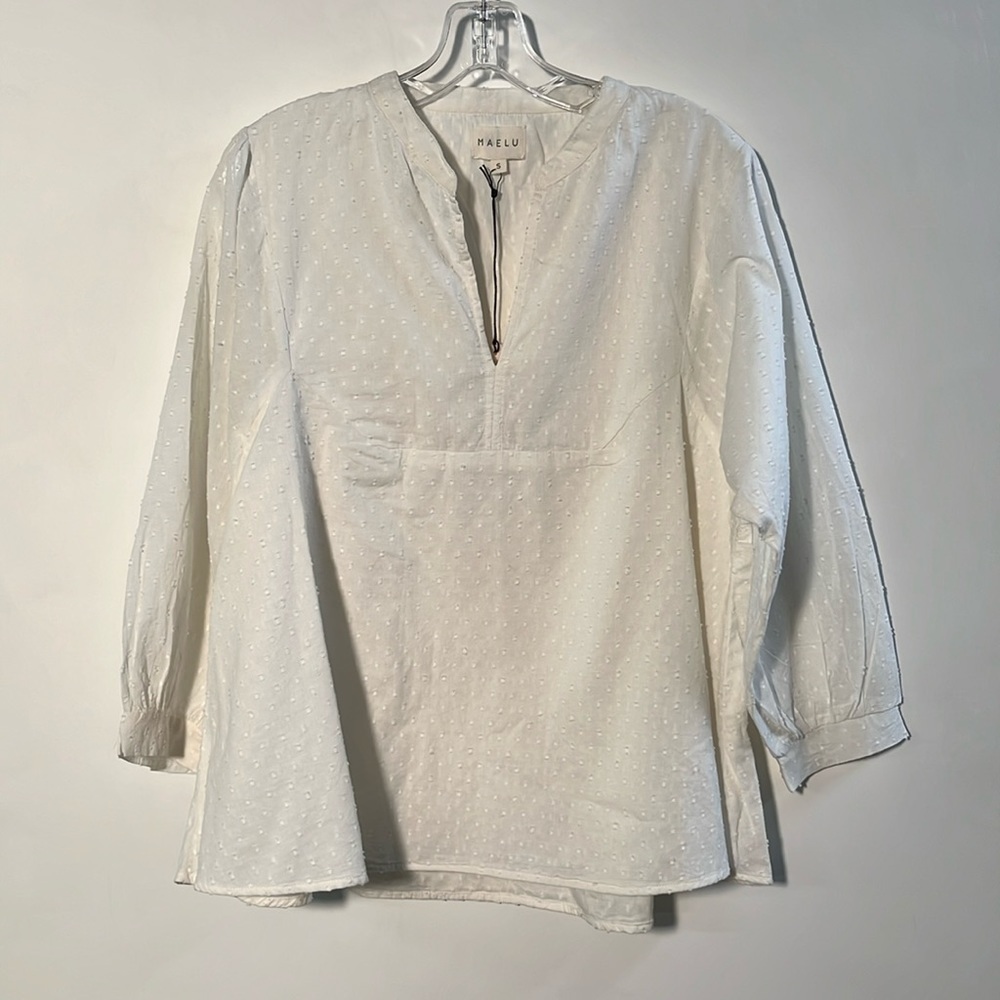 MAELU NWT Boho Cottage Organic Cotton Swiss Dot Split V White Peasant Blouse S